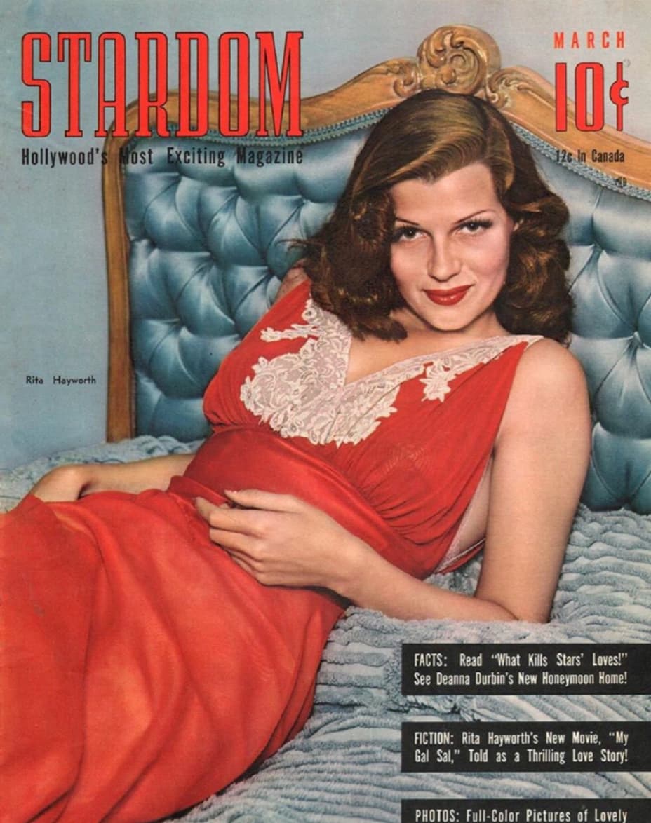 “Rita Hayworth, ‘The Love Goddess,’ was first billed as Rita Cansino and was judged "too Mediterranean" before having her hairline raised by painful electrolysis, changing her hair color to dark red, and taking her mother's maiden name. She was a third-generation professional dancer.”
